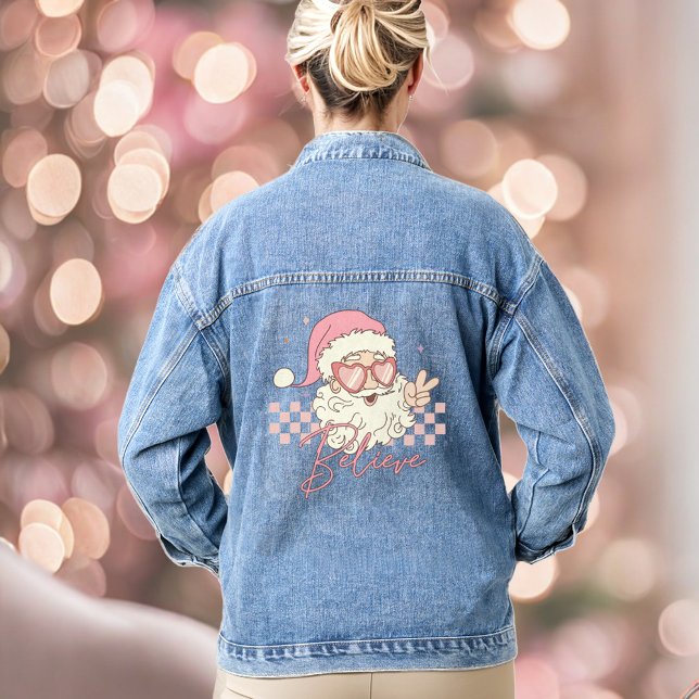 Retro Santa Pink Christmas Believe Denim Jacket (Retro Santa Pink Christmas Believe Denim Jacket)