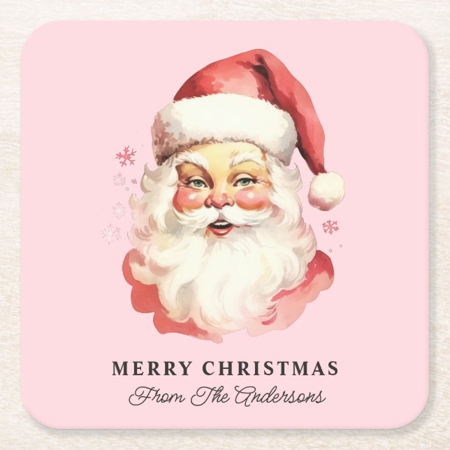 Retro Santa Pink Personalised Name Christmas Square Paper Coaster (Front)