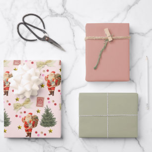 Retro Santa Pink & Sage Christmas Wrapping Sheets