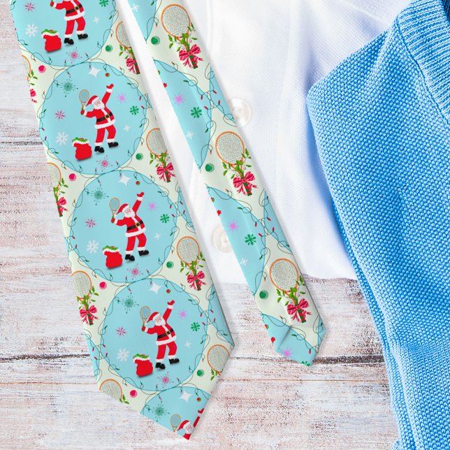 Retro Santa Playing Tennis Ogee Pattern  Tie (Serve up style: Santa Retro Christmas necktie – Ace gift for tennis-loving festivities!)
