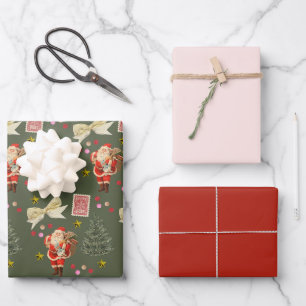 Retro Santa Red & Green Christmas Wrapping Sheets