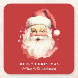 Retro Santa Red Personalised Name Christmas Square Paper Coaster