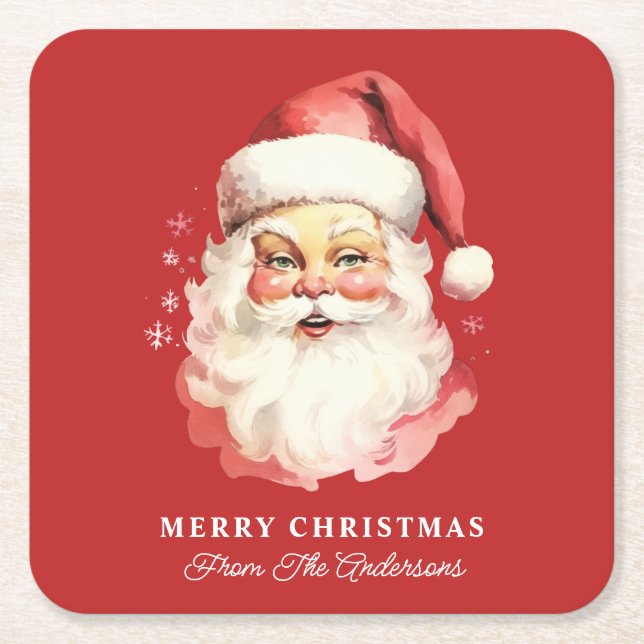 Retro Santa Red Personalised Name Christmas Square Paper Coaster (Front)