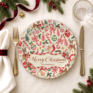 Retro Santa & Reindeer Family Name Christmas Paper Plate