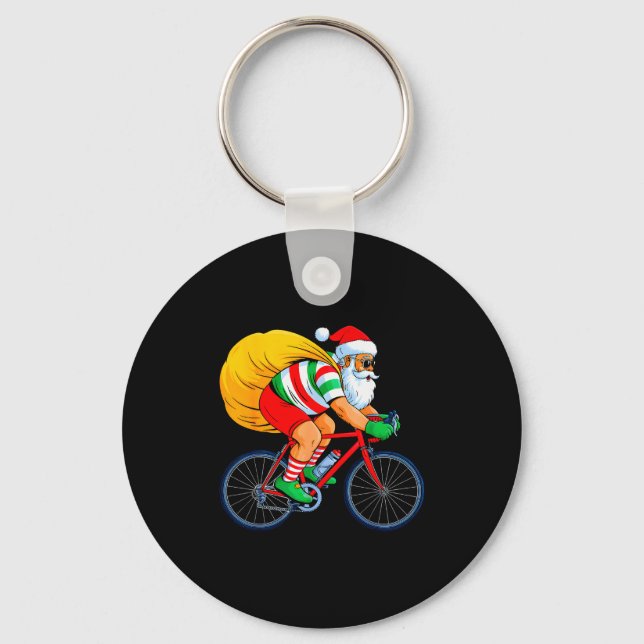 Retro Santa Riding Bicycle Cycling Biking Elf Bike Key Ring (Front)