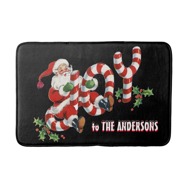 Retro Santa Sending Joy Christmas Personalised Bath Mat (Front)