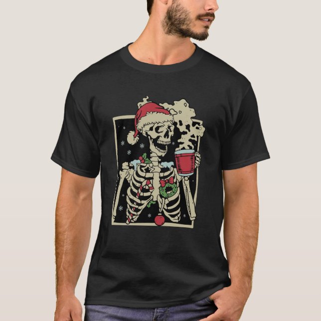 Retro Santa Skeleton Hot Cocoa Warm Latte Christma T-Shirt (Front)