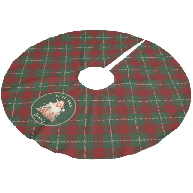 Retro Santa Tartan Plaid Christmas with Name Brushed Polyester Tree Skirt (Angled)