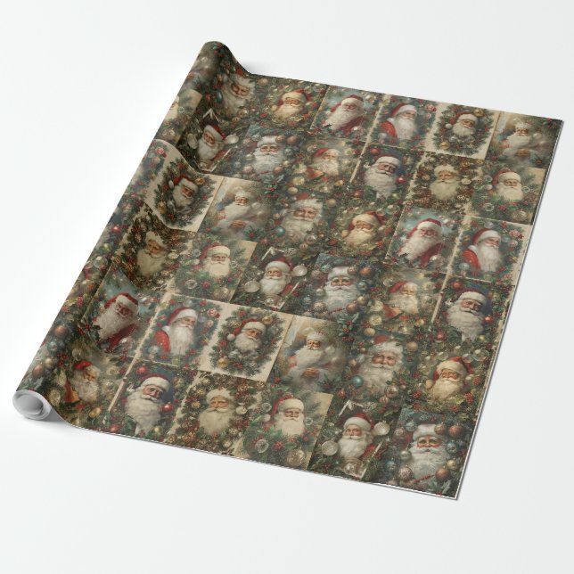 Retro Santa & Victorian Christmas Collage Wrapping Paper (Unrolled)