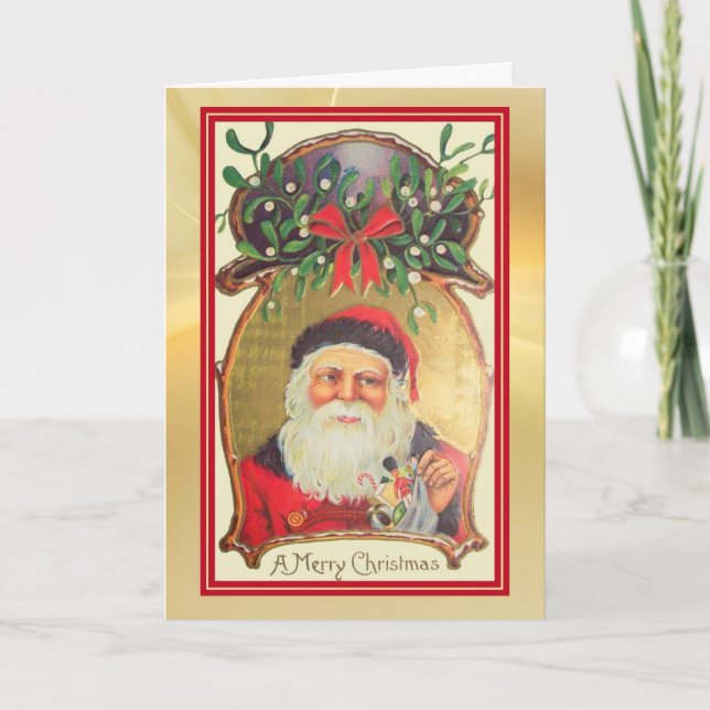 Retro Santa with Toys Gold Green Border Holiday Card (Front)