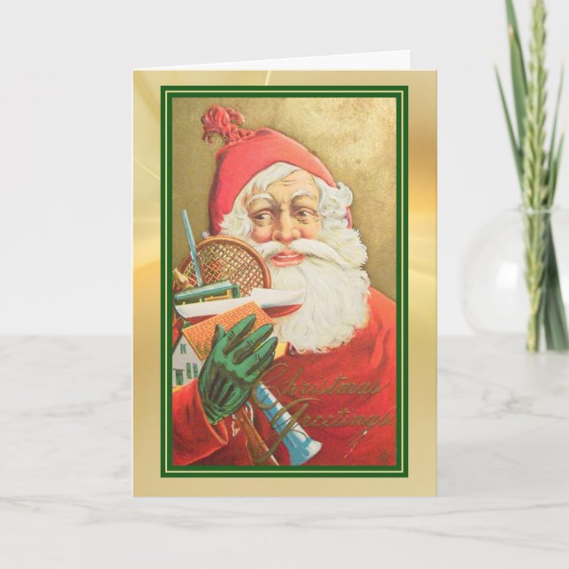 Retro Santa with Toys Gold Green Border Holiday Card (Front)