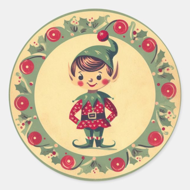 Retro Santa's Elf Vintage Christmas Classic Round Sticker (Front)