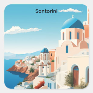 Retro Santorini Greece Mediterranean Blue & White Square Sticker
