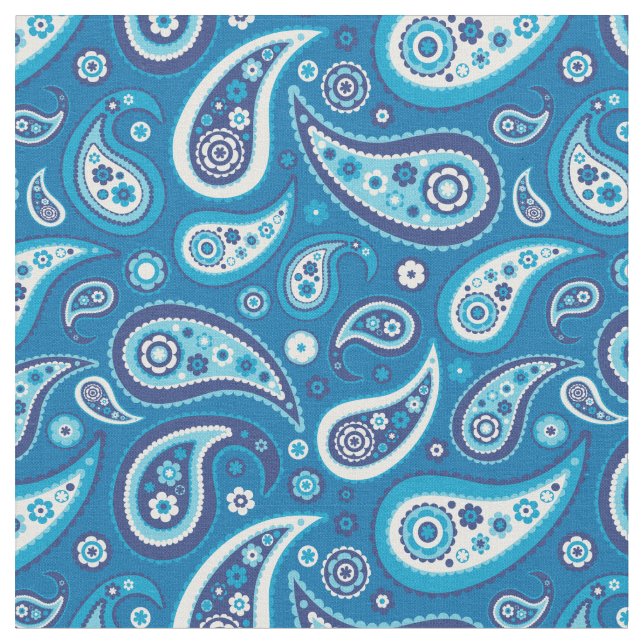 Retro Sapphire Blue Paisley Pattern Fabric (Close Up)