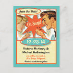 Retro Save the date Postcard<br><div class="desc">Oh Snap! It's a super fun retro,  mid-century modern,  Save the date postcard with a vintage illustration of a clean-cut couple against retro inspired graphics. Easy to edit. Please contact me with any questions,  problems or custom work!</div>