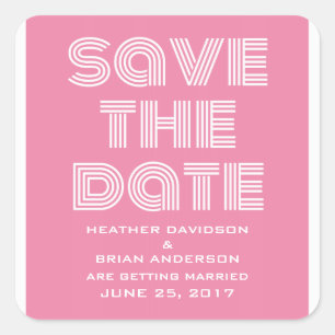 Retro Save the Date Stickers, Pink Square Sticker