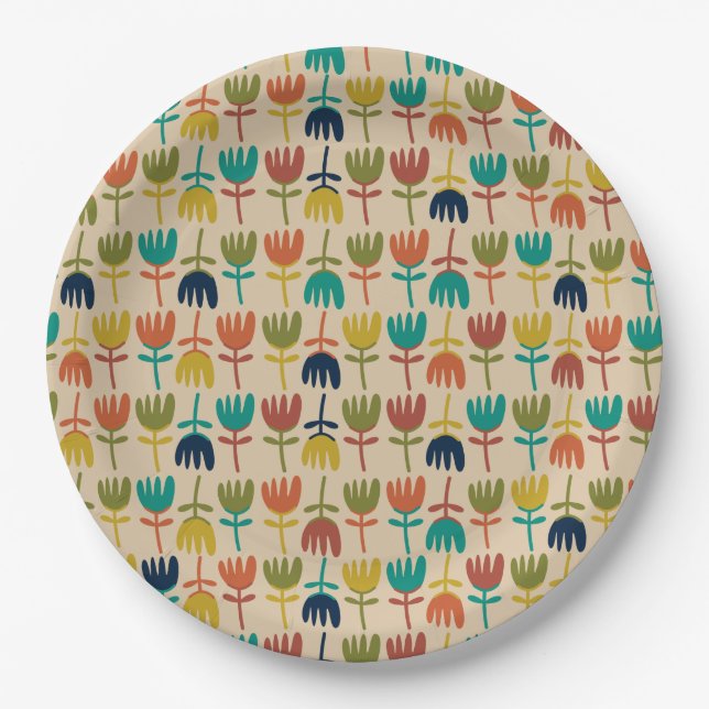 Retro Scandi Tulips Midcentury Floral Pattern Paper Plate (Front)
