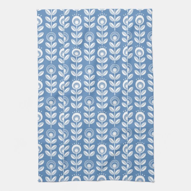 Retro Scandinavian Blue Pattern Tea Towel (Vertical)