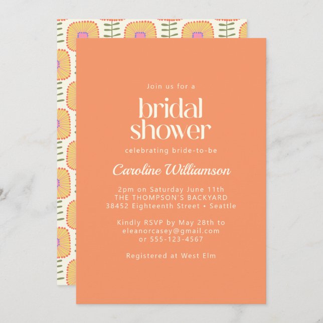 Retro Scandinavian Coral Flower Bridal Shower Invitation (Front/Back)