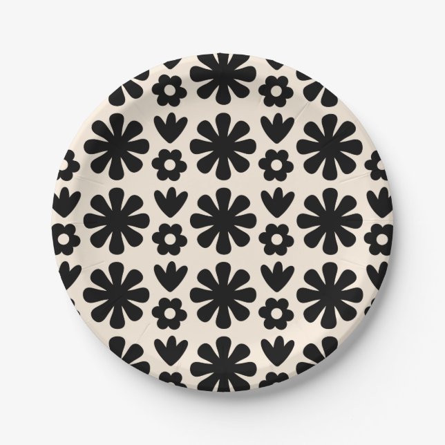Retro Scandinavian Floral Pattern Black & Cream Paper Plate (Front)
