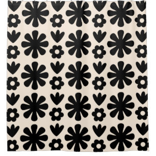 Retro Scandinavian Floral Pattern Black & Cream Shower Curtain