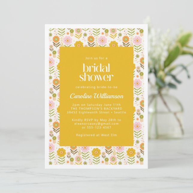 Retro Scandinavian Yellow Floral Bridal Shower Invitation (Standing Front)