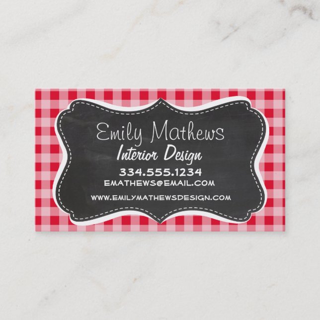 Retro Scarlet Red Gingham; Chalkboard look Business Card (Front)