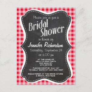 Retro Scarlet Red Gingham; Chalkboard look Invitation Postcard