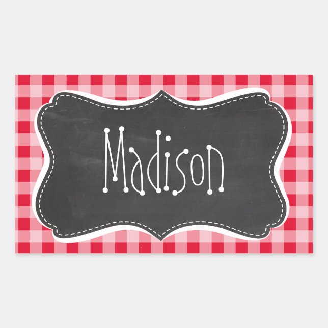 Retro Scarlet Red Gingham; Chalkboard look Rectangular Sticker (Front)