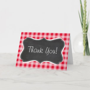 Retro Scarlet Red Gingham; Chalkboard look Thank You Card