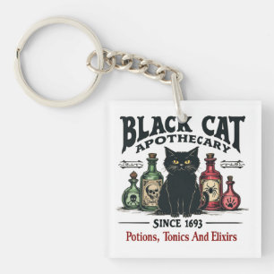 Retro Scary Black Cat Apothecary Witchy Wicca Key Ring