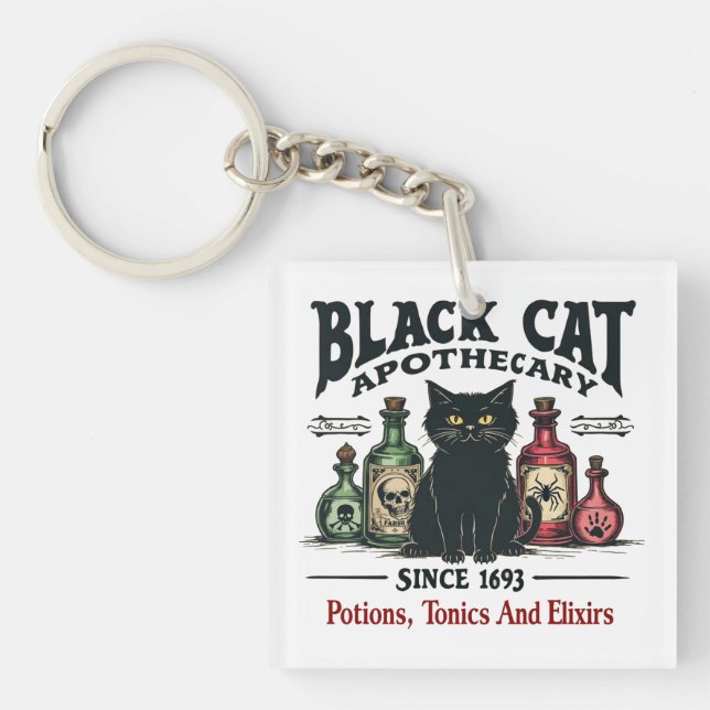 Retro Scary Black Cat Apothecary Witchy Wicca  Key Ring (Front)