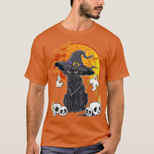 Retro Scary Halloween Black Cat Witch Hat T-Shirt