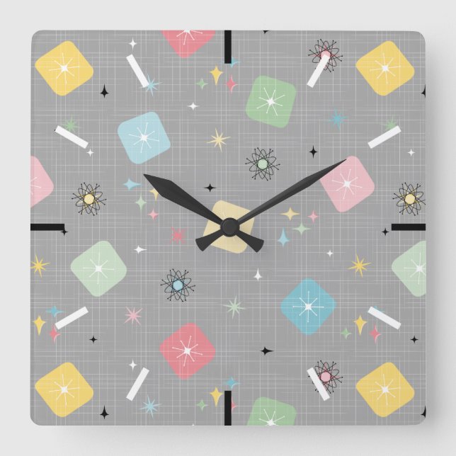 Retro Scattered Atomic Star Explosions Pattern Square Wall Clock (Front)