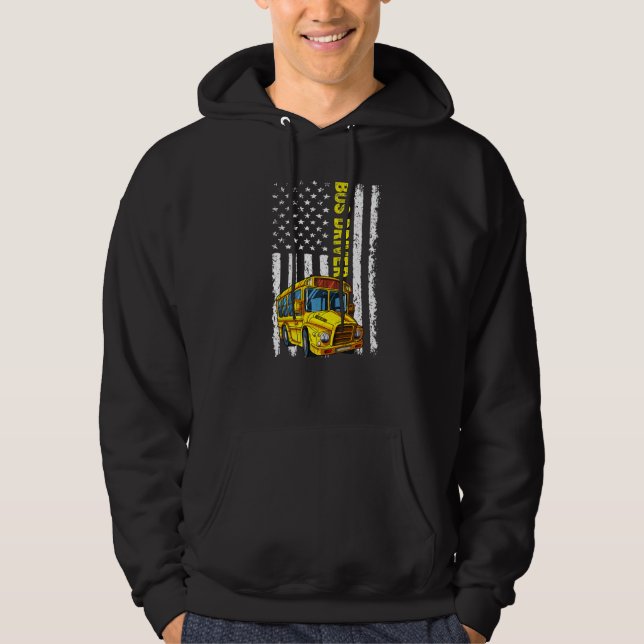 Retro School Bus Driver  Patriotic American Flag Hoodie (Front)