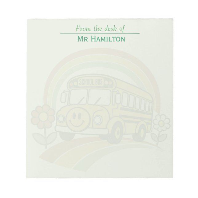 Retro School Bus Personalised Notepad — Sage Green (Front)