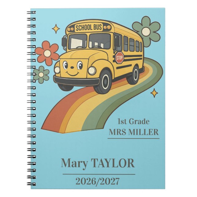 Retro School Bus Rainbow 1st grade Notebook (Front)