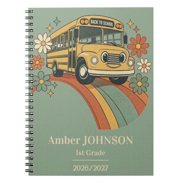 Retro School Bus Rainbow Back to School 1st grade Notebook (Front)
