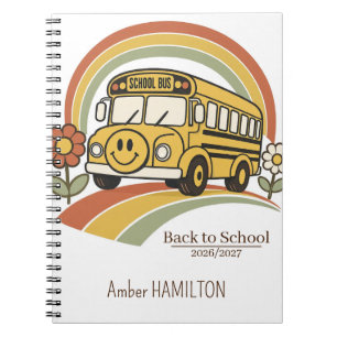 Retro School Bus Rainbow Back to School Name Notebook