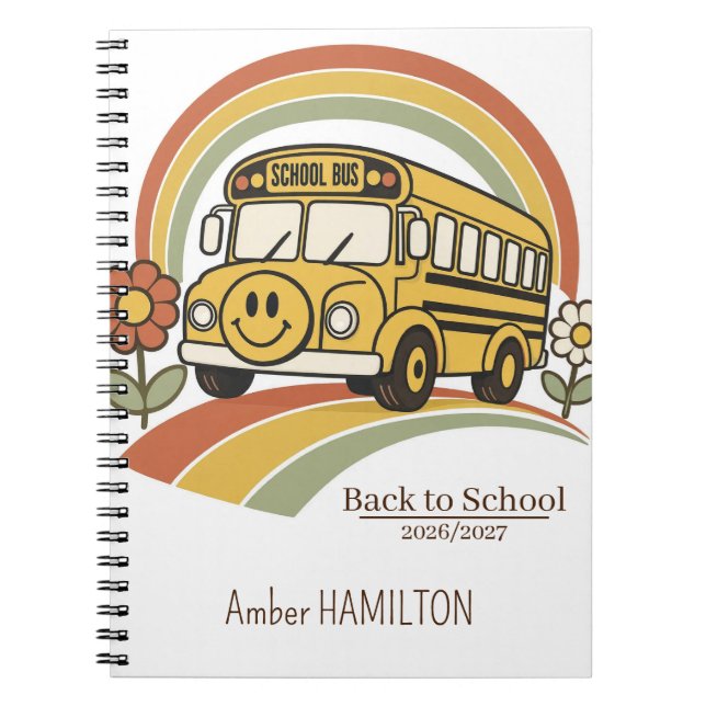Retro School Bus Rainbow Back to School Name Notebook (Front)