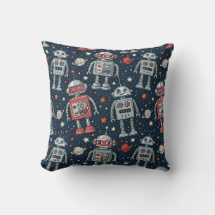 Retro Sci-Fi Adventure Space Robots Comic Pattern Cushion