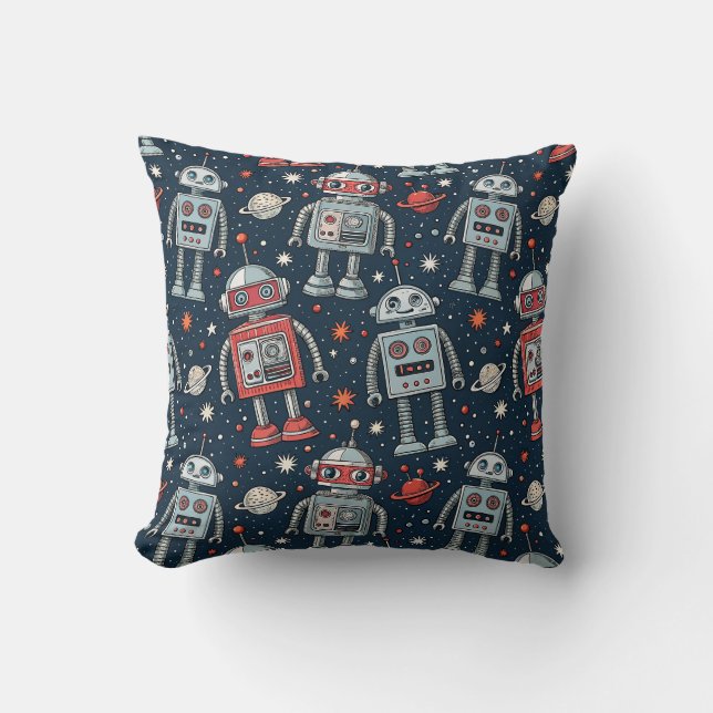 Retro Sci-Fi Adventure Space Robots Comic Pattern Cushion (Front)