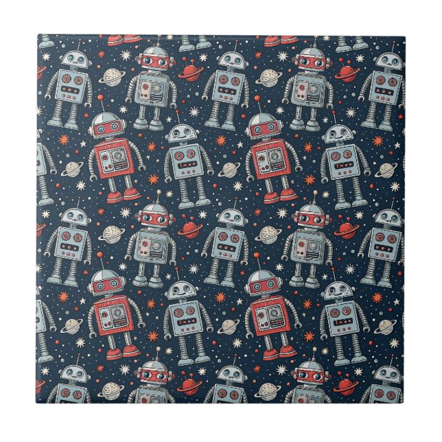 Retro Sci-Fi Adventure Space Robots Comic Pattern Tile (Front)