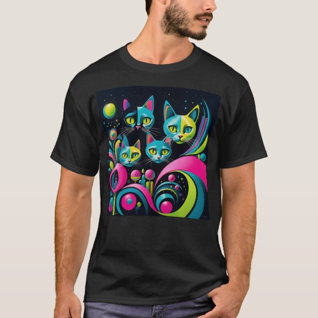 Retro Sci-Fi Cartoon Cats T-Shirt (Front)