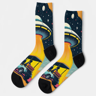 Retro Sci Fi Cartoon Rocket Ship and Golf Cart Socks