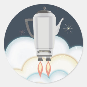 Retro sci-fi coffee pot percolator rocket ship classic round sticker