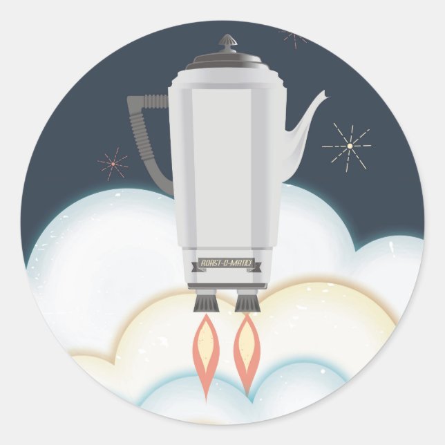 Retro sci-fi coffee pot percolator rocket ship classic round sticker (Front)