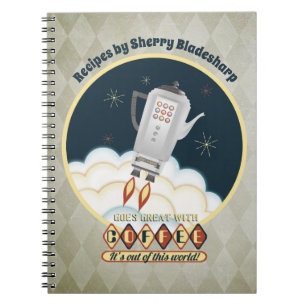 Retro sci-fi coffee pot rocket recipe notebook