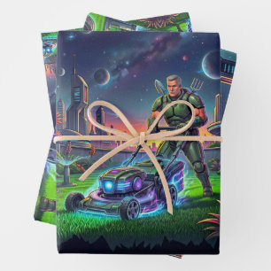 Retro Sci Fi Comic Galactic Lawn Slayer Astronaut Wrapping Paper Sheet