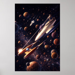Retro Sci-Fi Fantasy Space Battle Art Poster